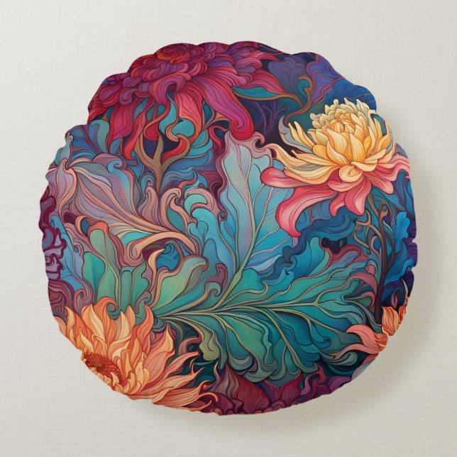 Dahlia Floral Tapestry Round Pillow (Front)