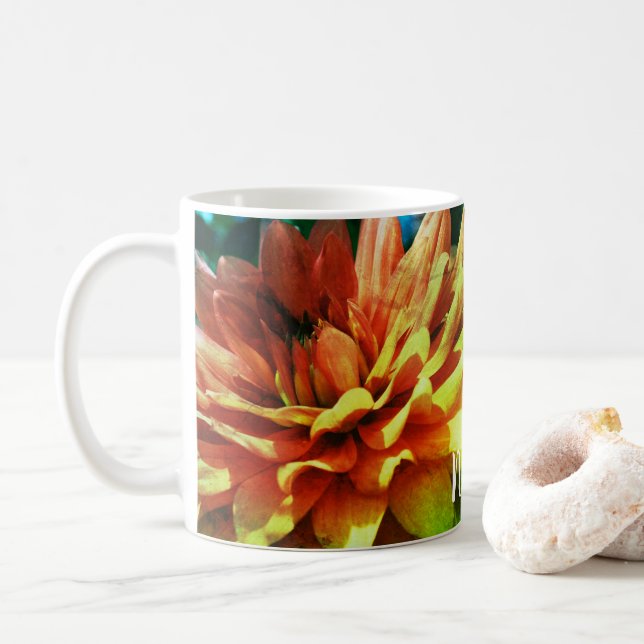 Dahlia Flower Art Personalized Coffee Mug (With Donut)
