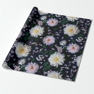 Dahlia Flower Blooms blush on black Wrapping Paper