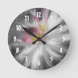 Dahlia Flower In Black And White Round Clock