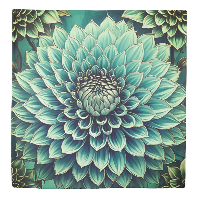 Dahlia Flower in Teal Aqua Blue Digital Art Duvet Cover (Front)