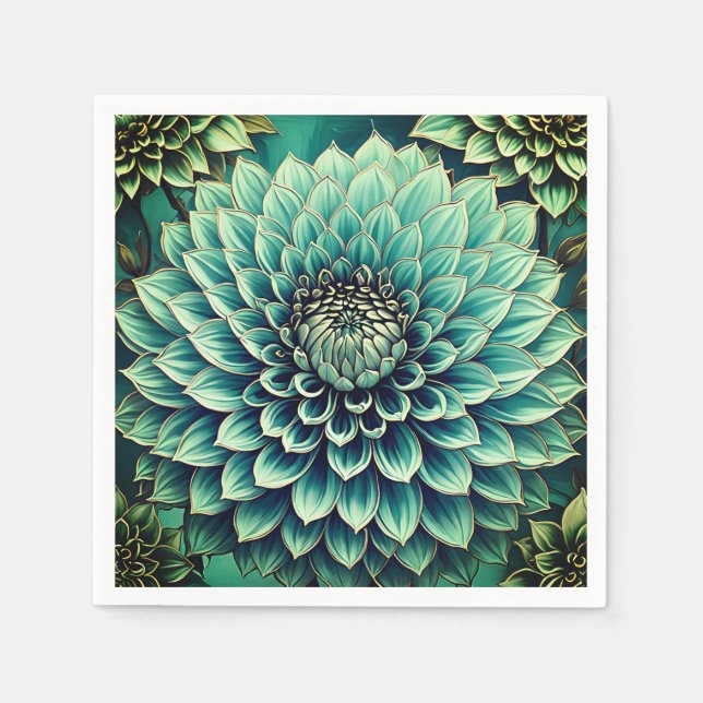 Dahlia Flower in Teal Aqua Blue Digital Art Napkins (Front)