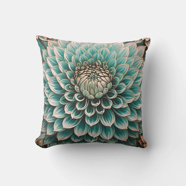 Dahlia Flower in Teal Aqua Blue Digital Art Outdoor Pillow (Front)