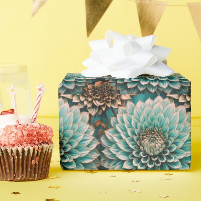 Dahlia Flower in Teal Aqua Blue Digital Art Wrapping Paper (Birthday Party)
