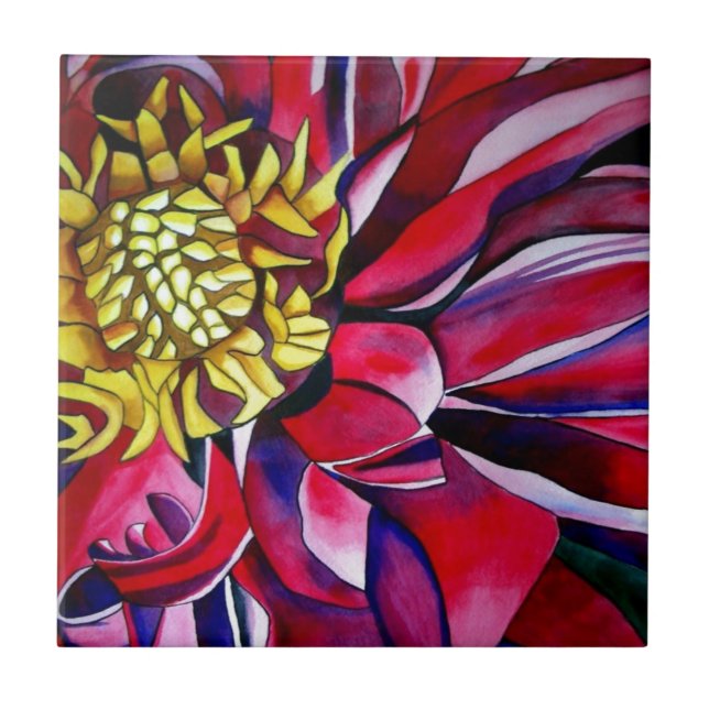 Dahlia flower original abstract watercolor art tile (Front)