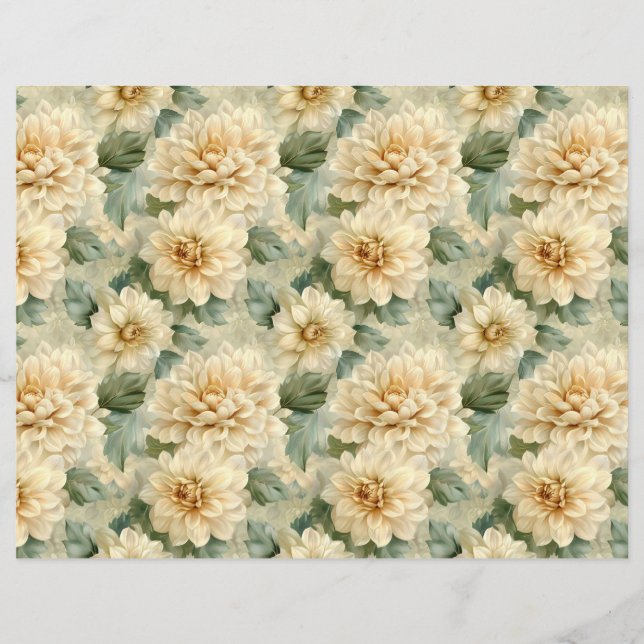 Dahlia Flower Pattern and Greenery Scrapbook Paper (Front)
