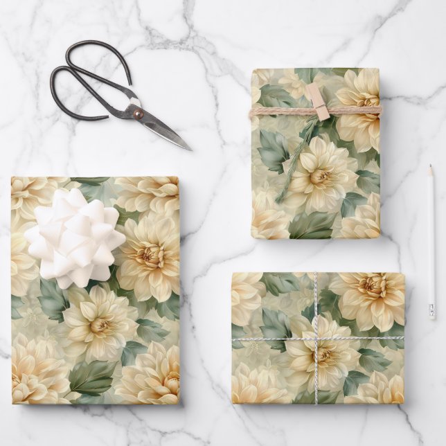 Dahlia Flower Pattern with Greenery Decoupage Wrapping Paper Sheets (Front)