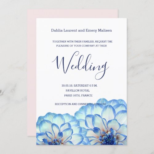 Dahlia flowers blue white blush pink wedding invitation