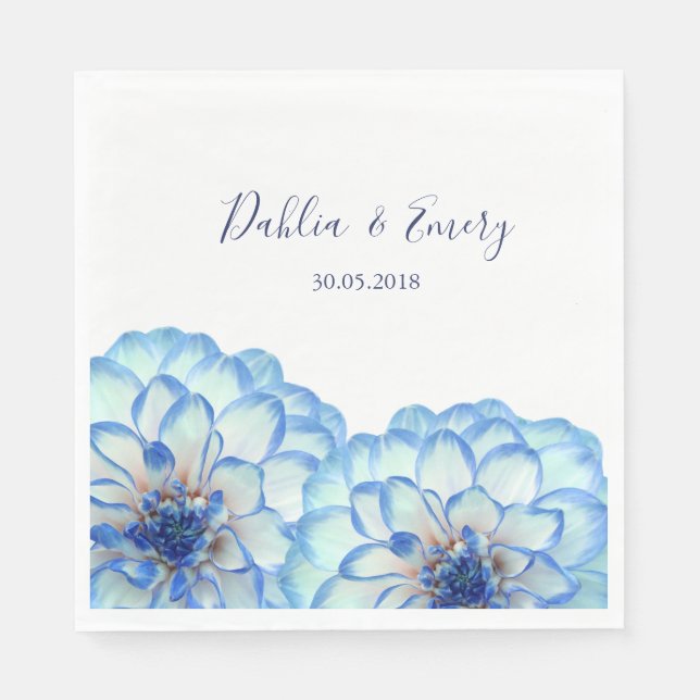 Dahlia flowers blue white elegant floral wedding napkins (Front)