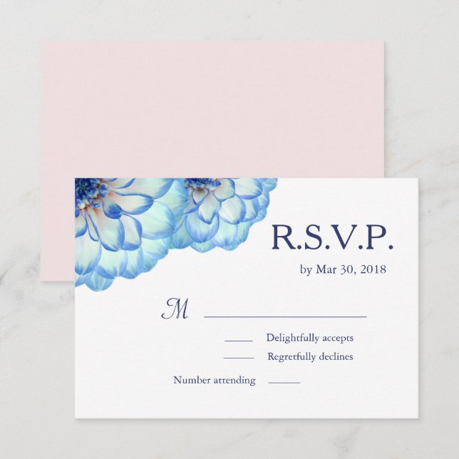 Dahlia flowers blue white pink floral wedding RSVP Invitation (Front/Back)