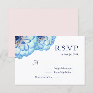Dahlia flowers blue white pink floral wedding RSVP Invitation