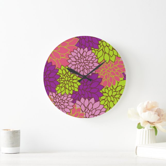 Dahlia Flowers, Colorful Flowers, Floral Pattern Large Clock (Home)