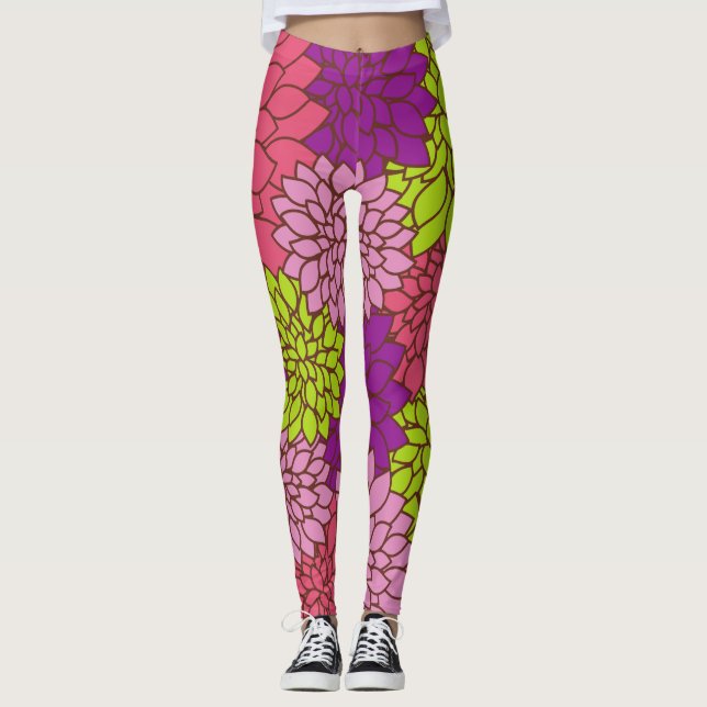 Dahlia Flowers, Colorful Flowers, Floral Pattern Leggings (Front)