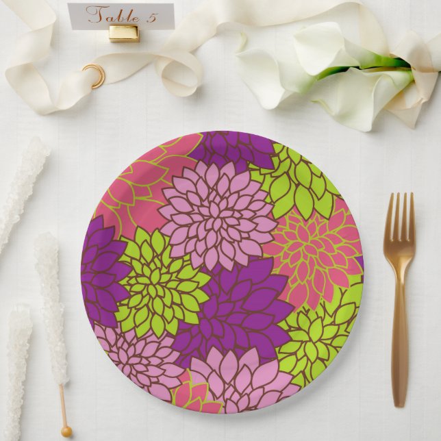 Dahlia Flowers, Colorful Flowers, Floral Pattern Paper Plates (Wedding)