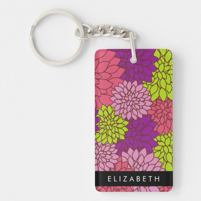 Dahlia Flowers, Colorful Flowers, Your Name Keychain (Front)