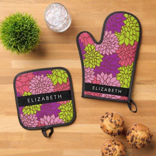 Dahlia Flowers Colorful Flowers Your Name Oven Mitt  Pot Holder Set