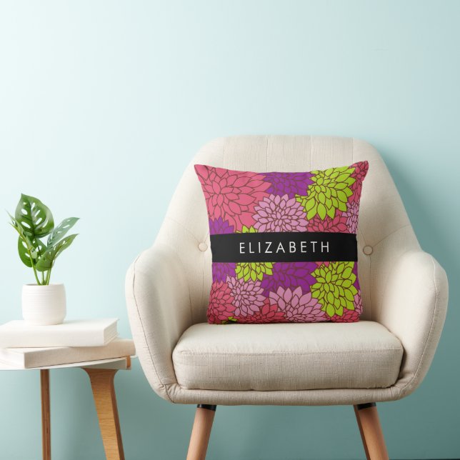 Dahlia Flowers, Colorful Flowers, Your Name Throw Pillow (Chair)