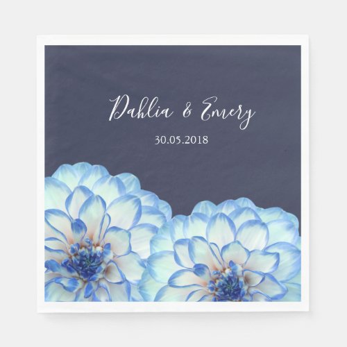 Dahlia flowers dark navy blue white floral wedding napkins