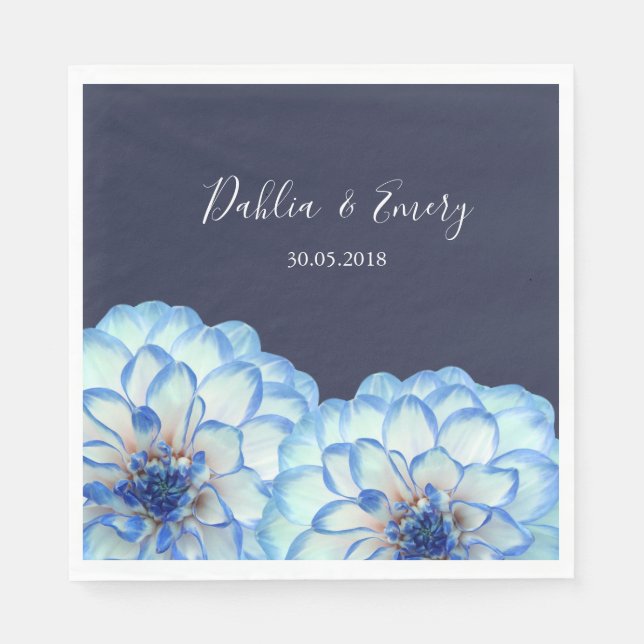 Dahlia flowers dark navy blue white floral wedding napkins (Front)