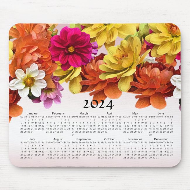 Dahlia Flowers Floral Pink 2024 Calendar Mousepad