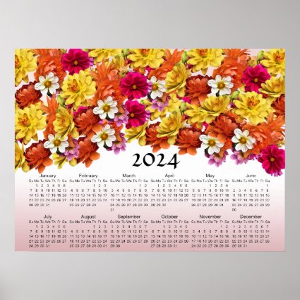 Dahlia Flowers Floral Pink 2024 Calendar Poster