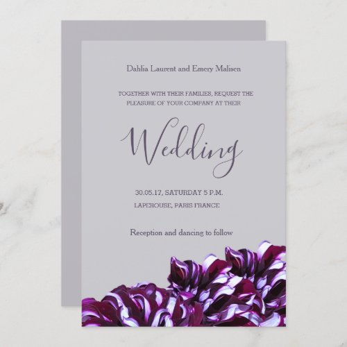 Dahlia flowers gray lilac elegant wedding invitation