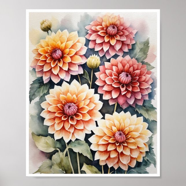 Dahlia Flowers handmade Water Color Poster Art (Front)