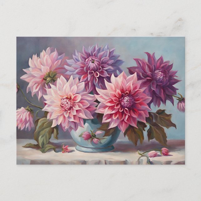 Dahlia Flowers in a Vase Still Life Illustration  Postcard (Front)