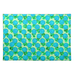 Dahlia flowers in turquoise blue and green cloth placemat