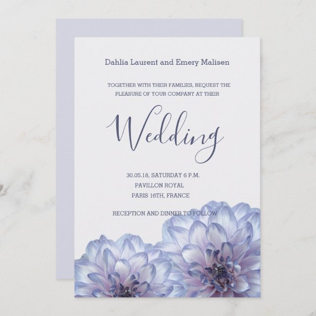 Dahlia flowers lilac blue gray wedding invitation (Front/Back)