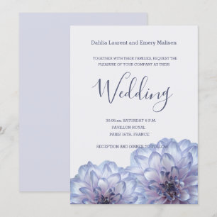 Dahlia flowers Lilac Blue Gray wedding invitation