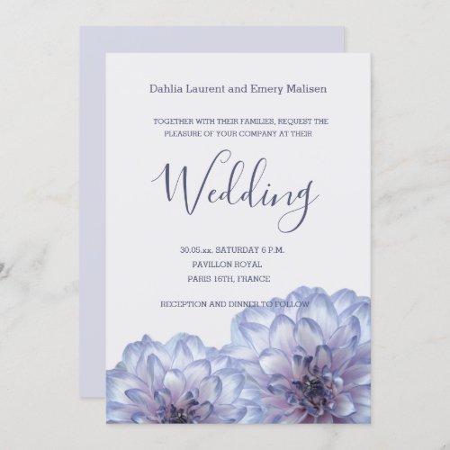Dahlia flowers Lilac Blue Gray wedding invitation