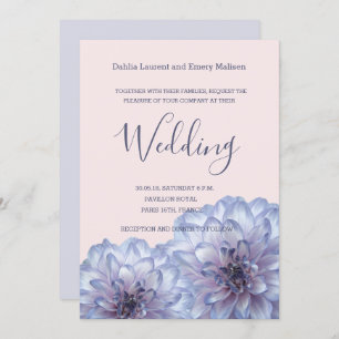 Dahlia flowers lilac blue pink wedding invitation