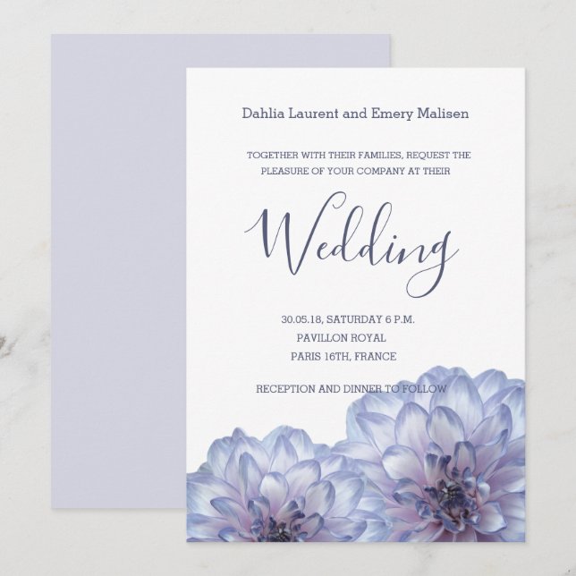 Dahlia flowers lilac blue white wedding invitation (Front/Back)