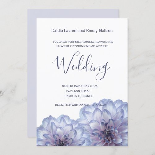 Dahlia flowers lilac blue white wedding invitation