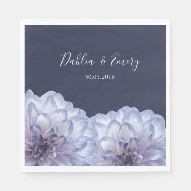 Dahlia flowers lilac dark navy blue floral wedding napkins (Front)