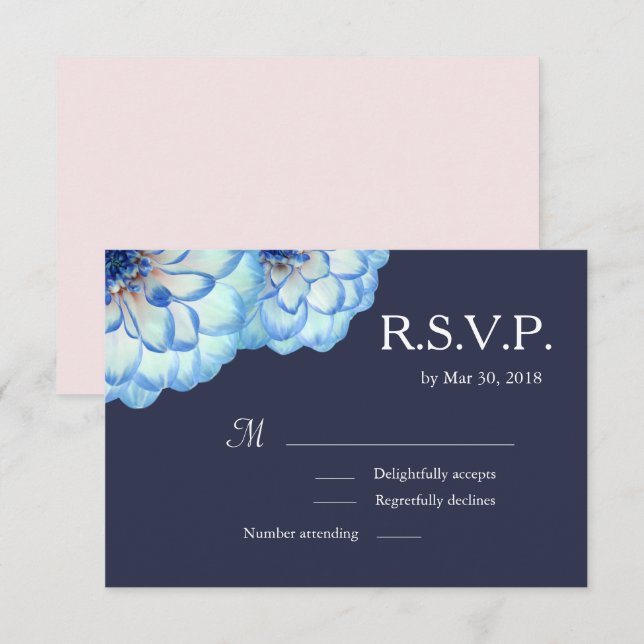 Dahlia flowers navy blue blush floral wedding RSVP Invitation (Front/Back)