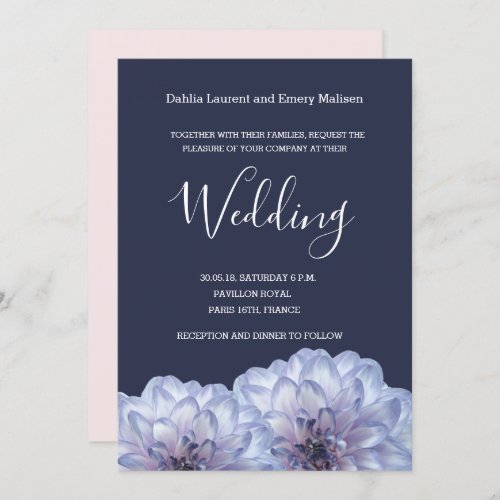 Dahlia flowers navy blue white blush lilac wedding invitation