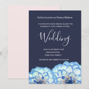 Dahlia flowers navy blue white blush pink wedding invitation