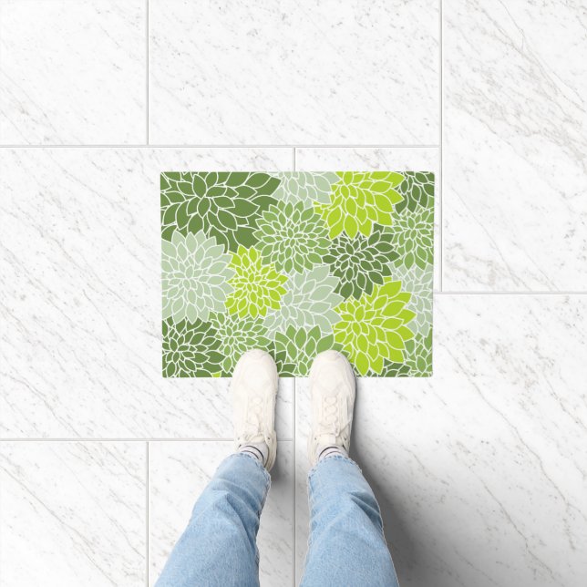 Dahlia Flowers, Pattern Of Flowers, Green Dahlia Doormat (Indoor)