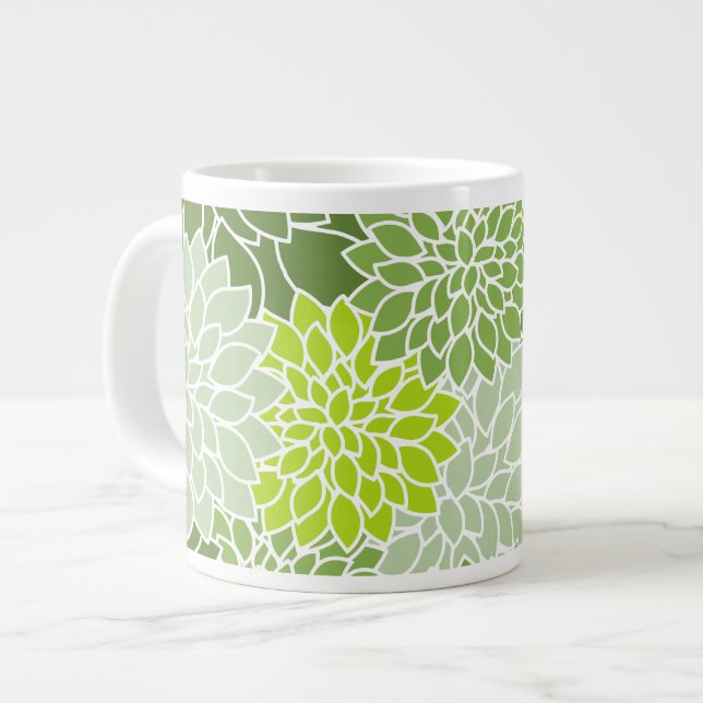 Dahlia Flowers, Pattern Of Flowers, Green Dahlia Giant Coffee Mug (Front Left)