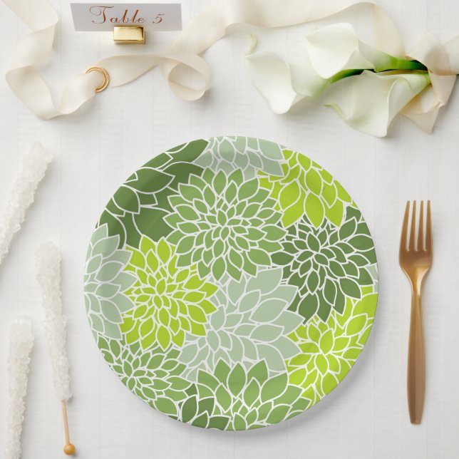 Dahlia Flowers, Pattern Of Flowers, Green Dahlia Paper Plates (Wedding)