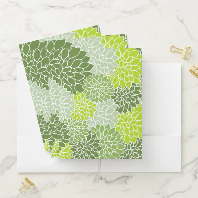 Dahlia Flowers, Pattern Of Flowers, Green Dahlia Pocket Folder 