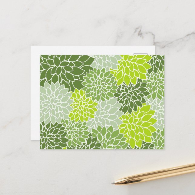 Dahlia Flowers, Pattern Of Flowers, Green Dahlia Postcard (Front/Back In Situ)
