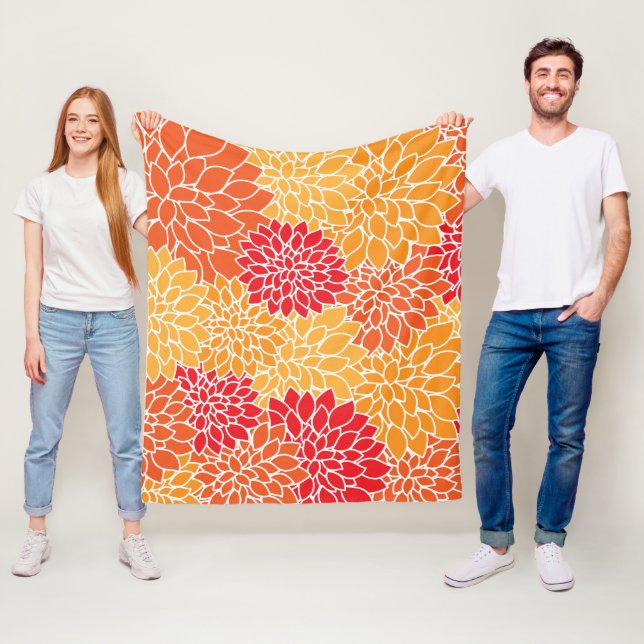 Dahlia Flowers, Pattern Of Flowers, Orange Dahlia Fleece Blanket (In Situ)