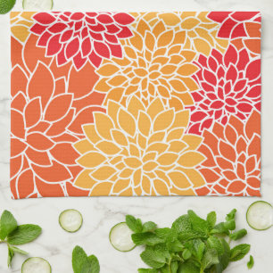 Dahlia Flowers, Pattern Of Flowers, Orange Dahlia Kitchen Towel