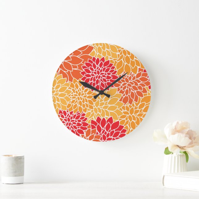 Dahlia Flowers, Pattern Of Flowers, Orange Dahlia Large Clock (Home)