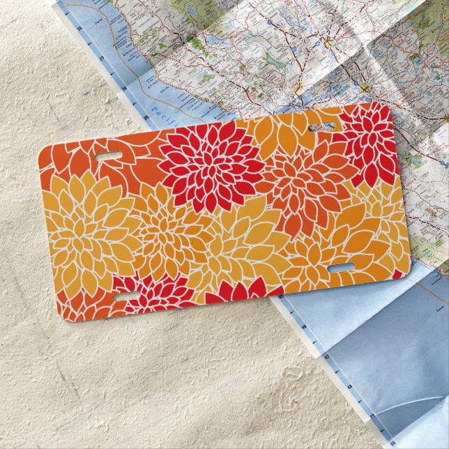 Dahlia Flowers, Pattern Of Flowers, Orange Dahlia License Plate (In Situ)