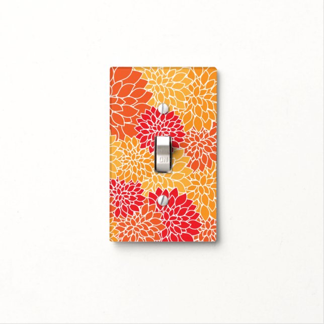 Dahlia Flowers, Pattern Of Flowers, Orange Dahlia Light Switch Cover (In Situ)
