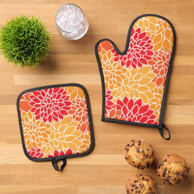 Dahlia Flowers, Pattern Of Flowers, Orange Dahlia Oven Mitt & Pot Holder Set (Top Down)